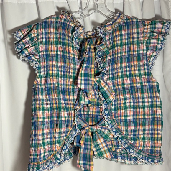 SEZANE Liorane Blouse in Careo Print Sz 44/XXL Plaid w/Lace Trim & Ties in Back - Picture 3 of 6